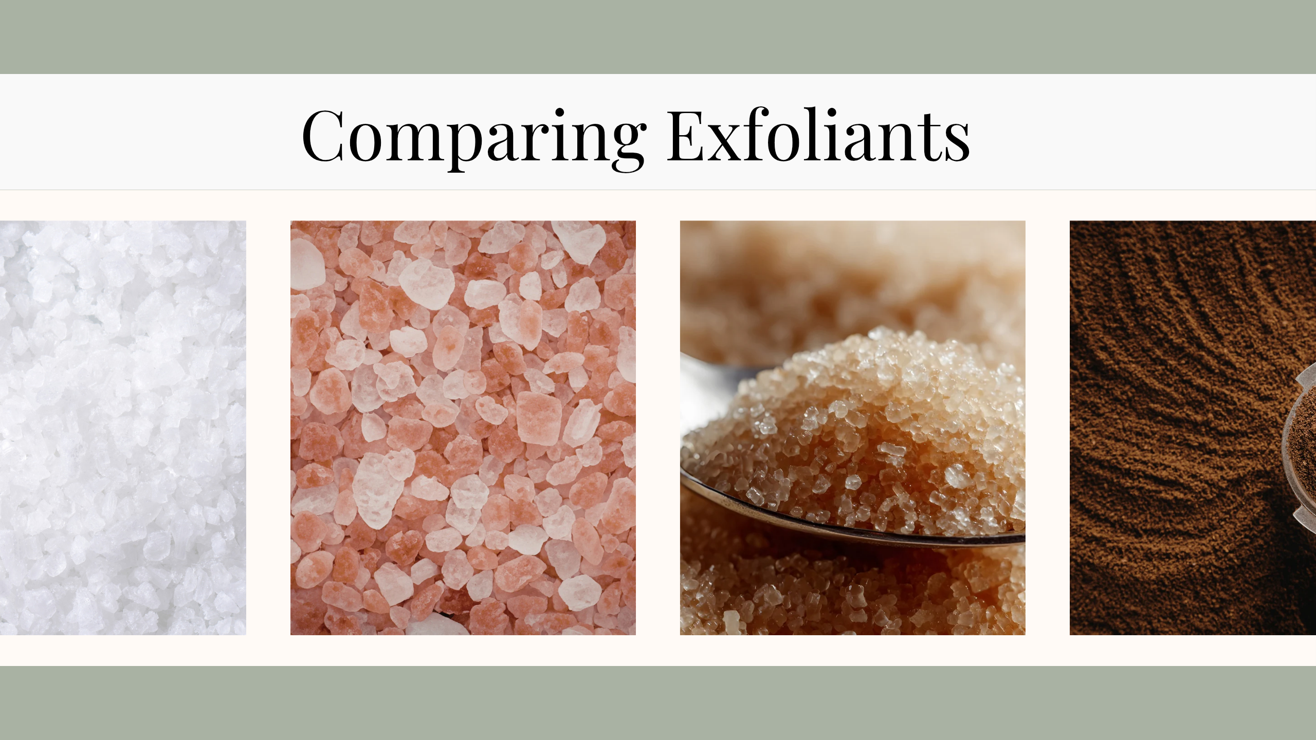 Exfoliant comparison chart for scrub formulation — sugar, salt, pumice, jojoba beads